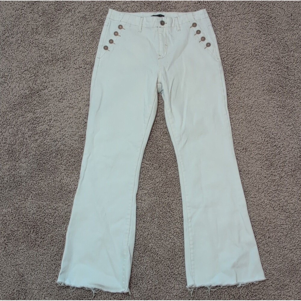 SINCERELY JULES White Flared Women's Jeans - Button Accents, Raw Hem